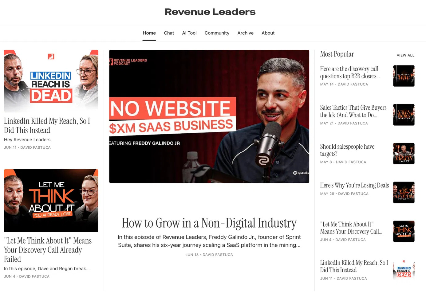 Revenue Leaders show page with recent episodes